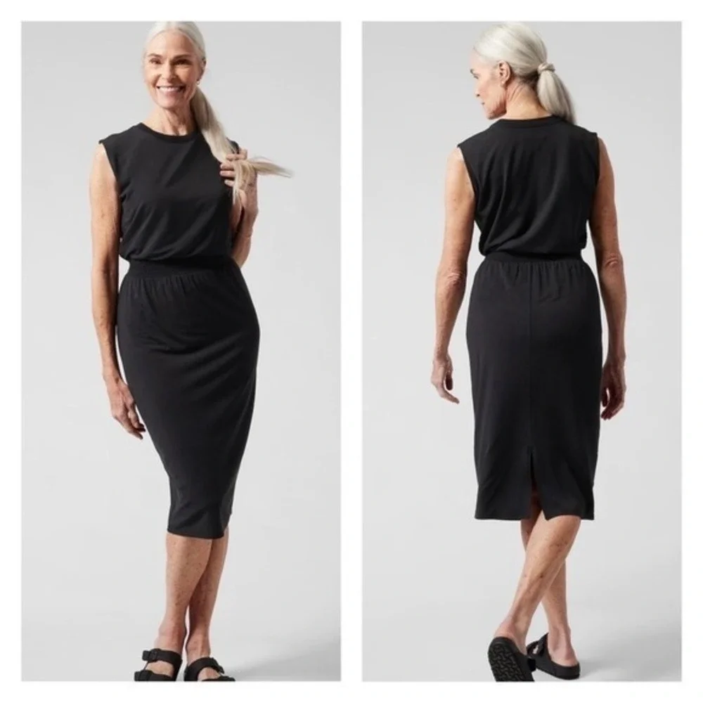 NWT Athleta Santorini Cinch Midi Dress Black M Casual Travel Vacation Minimalist